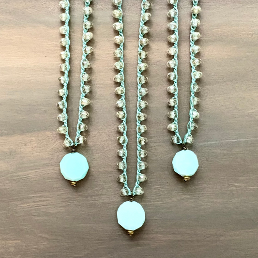 Faceted Larimar Semi Precious Stone Drop Necklace With Knotted Czech Crystal