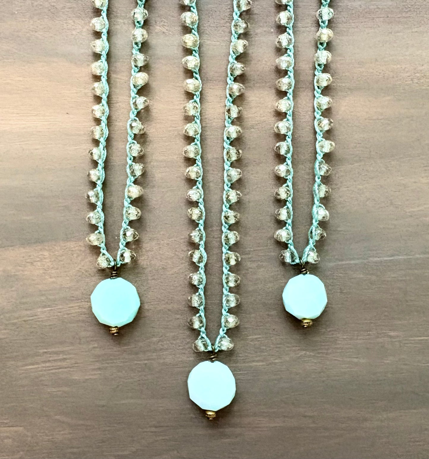 Faceted Larimar Semi Precious Stone Drop Necklace With Knotted Czech Crystal