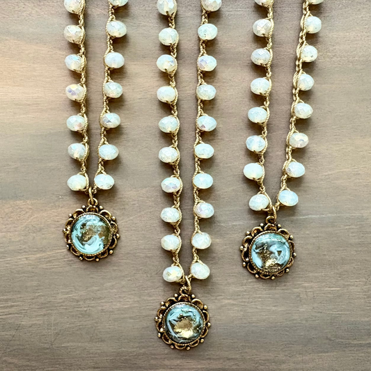 Golden Surf Portal Pendant Necklace With Crocheted Czech Crystal