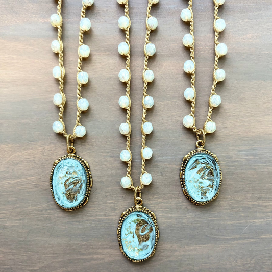 Long Golden Surf Handmade Portal Necklace With Czech Crystal