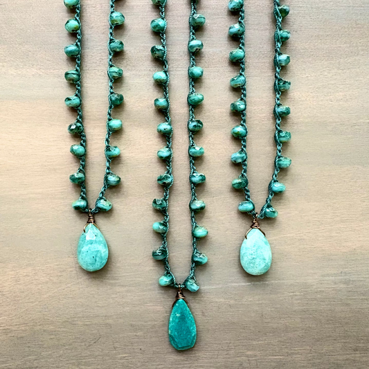 Faceted Amazonite Stone Drop and Sea Green Crystal Crocheted Necklace