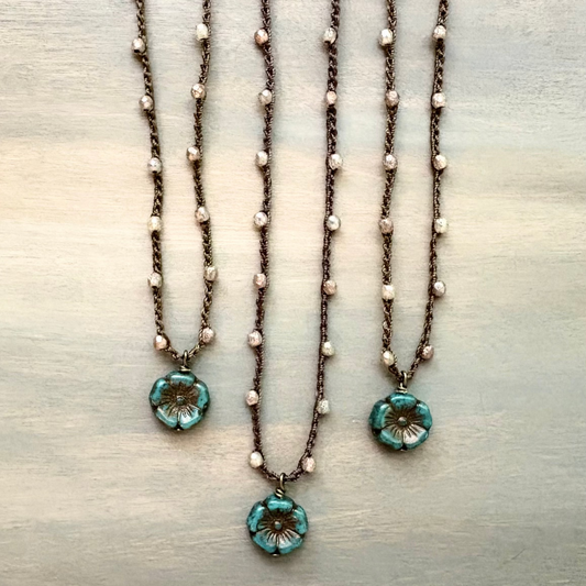 Vintage Style Blue Spruce Pressed Glass Flower Necklace