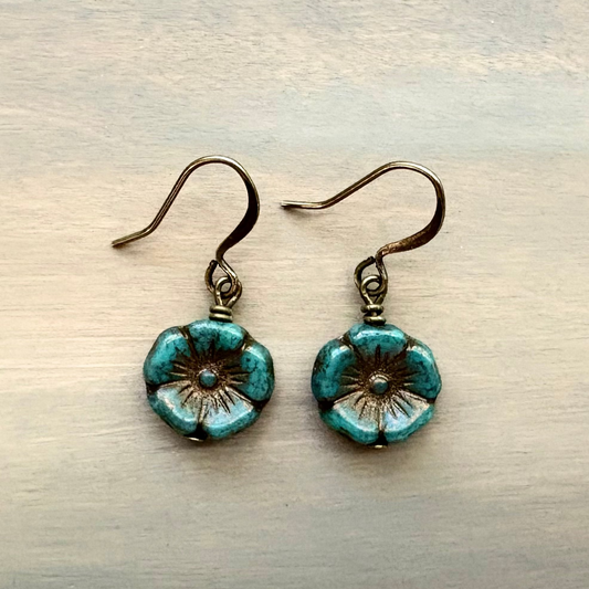 Vintage Style Blue Spruce Pressed Glass Flower Earrings