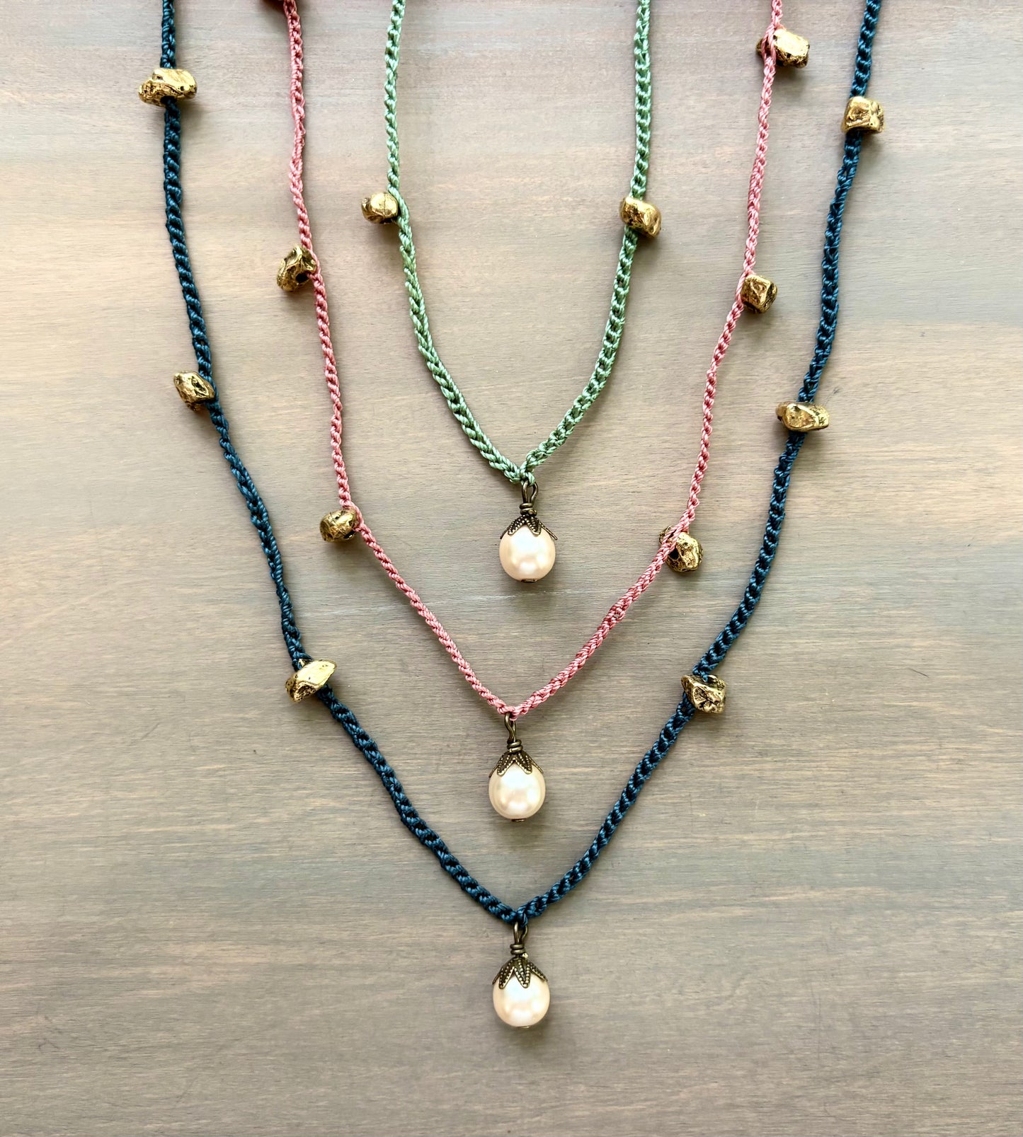 Golden Nugget Pearl Drop Crocheted Layering Necklace In Three Colors