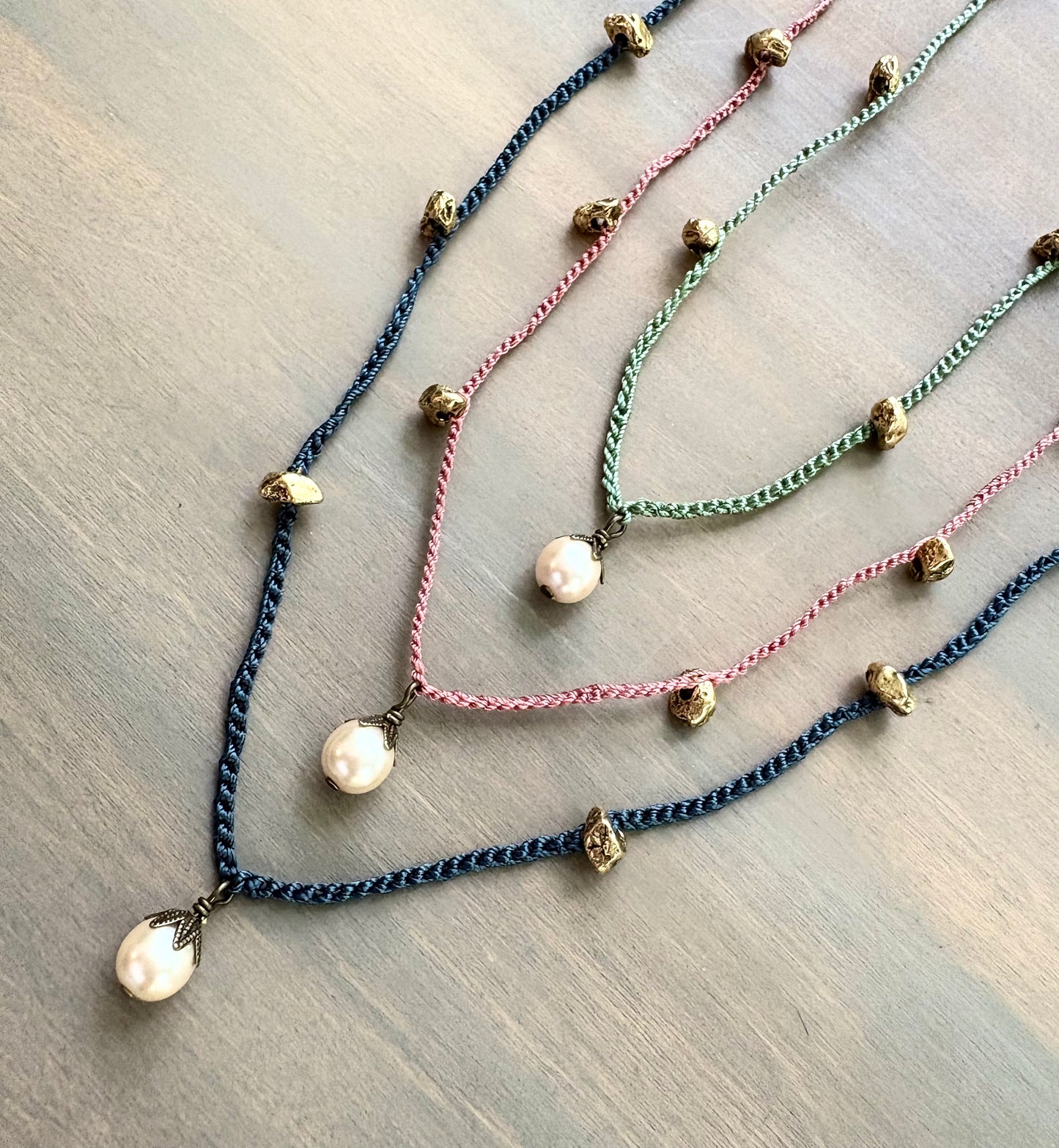 Golden Nugget Pearl Drop Crocheted Layering Necklace In Three Colors