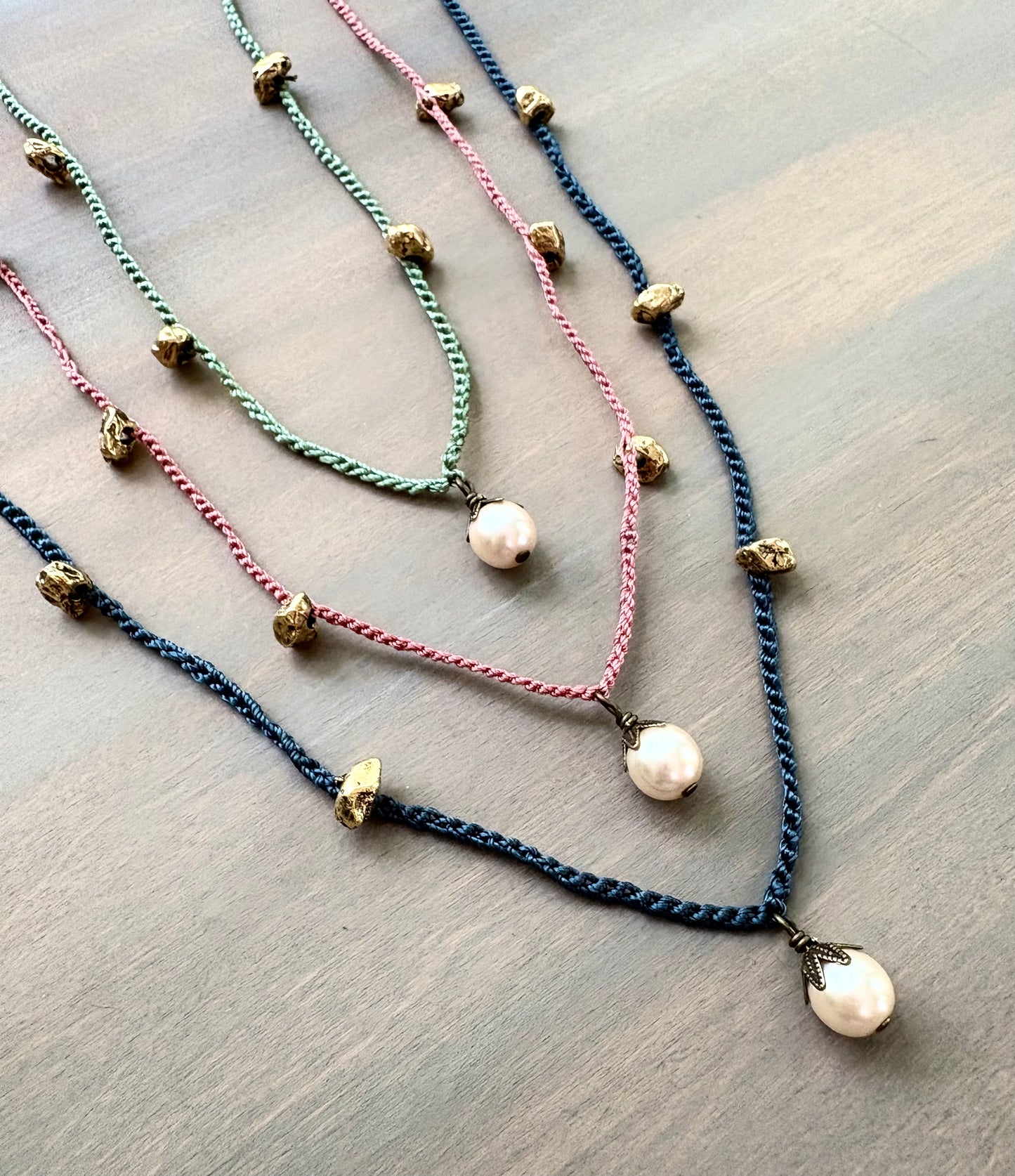 Golden Nugget Pearl Drop Crocheted Layering Necklace In Three Colors