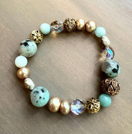 Jasper and Freshwater Pearls Stretchy Bracelet