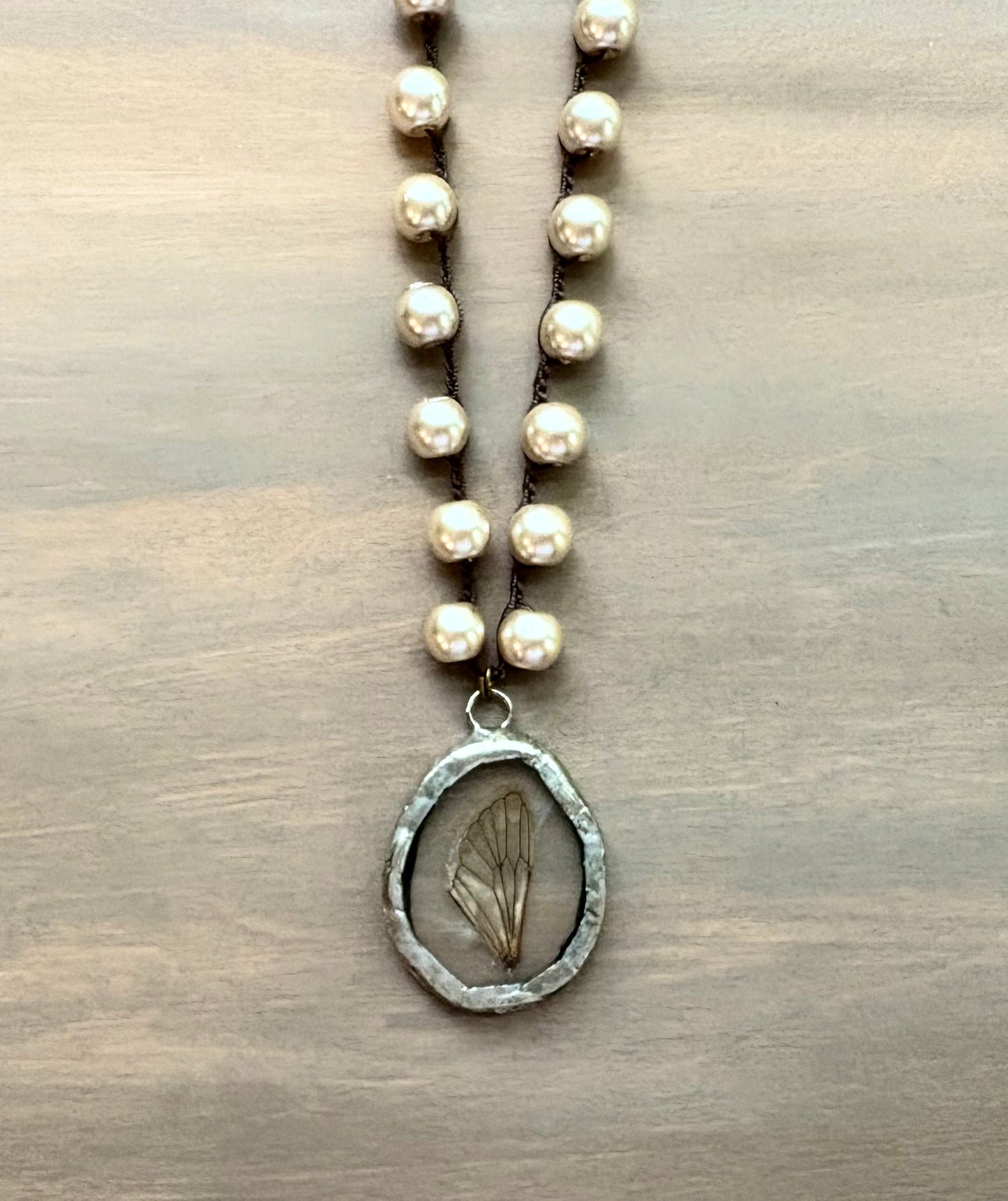 One Of A Kind Cicada Wing Long Necklace With Glass Pearls