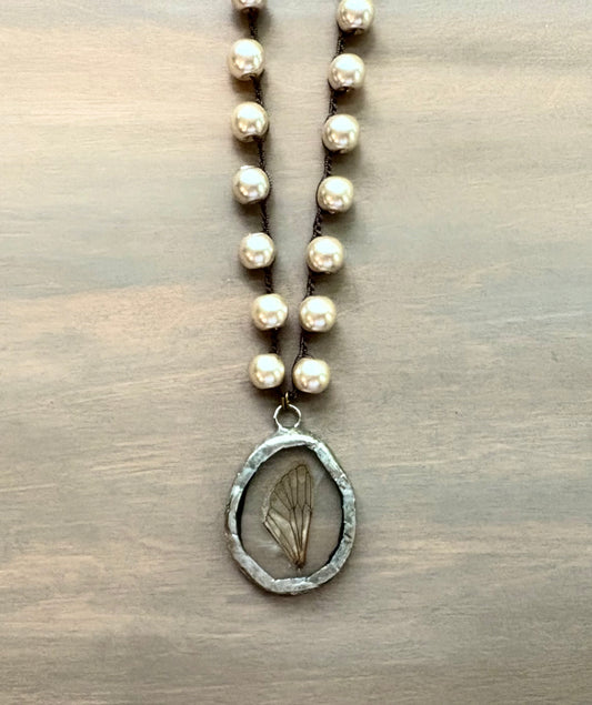 One Of A Kind Cicada Wing Long Necklace With Glass Pearls