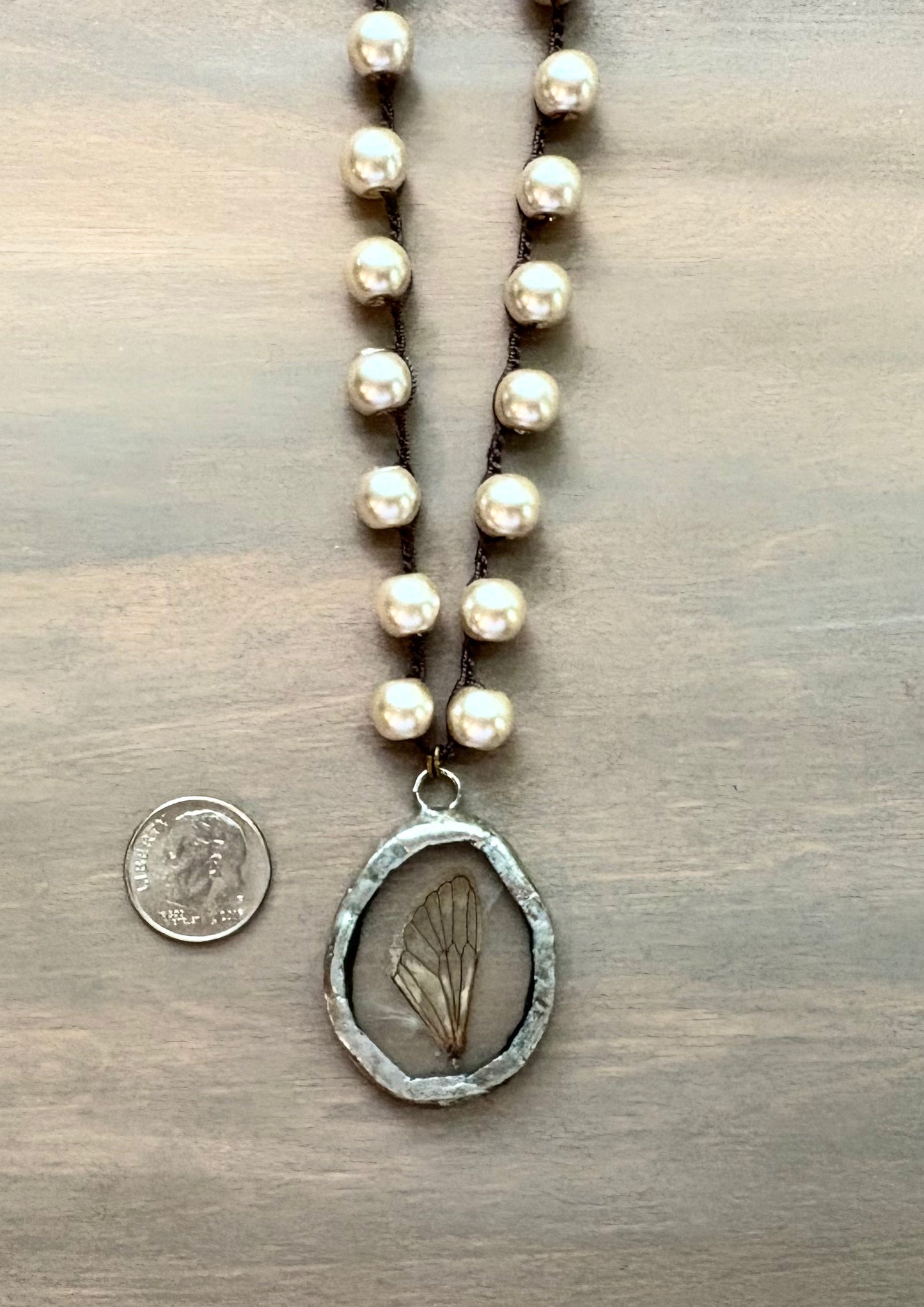 One Of A Kind Cicada Wing Long Necklace With Glass Pearls