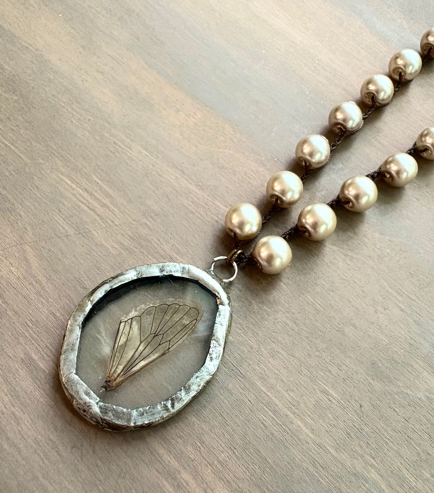 One Of A Kind Cicada Wing Long Necklace With Glass Pearls