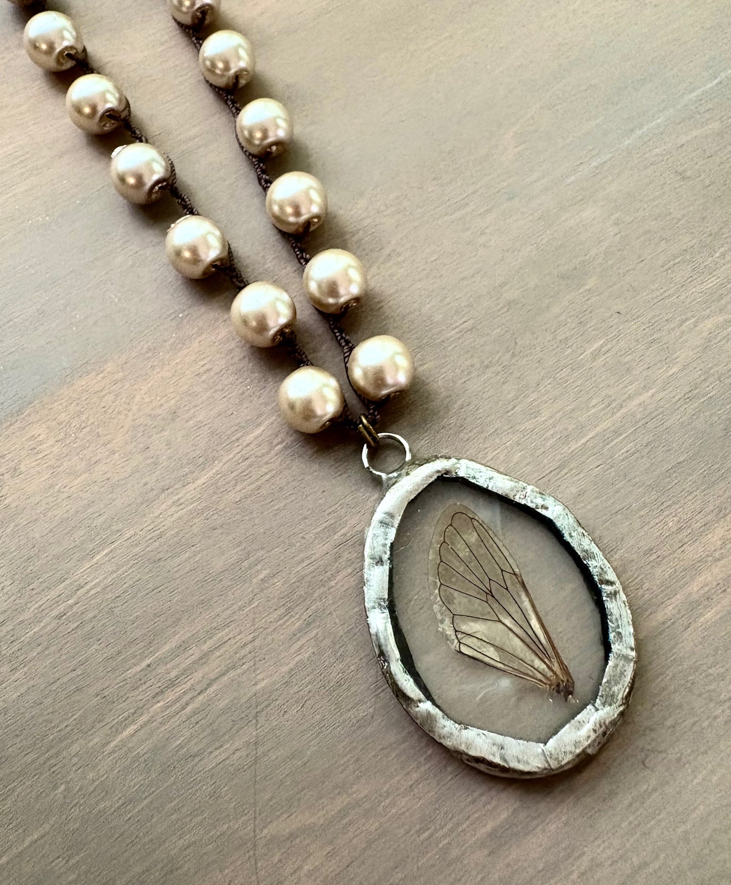 One Of A Kind Cicada Wing Long Necklace With Glass Pearls