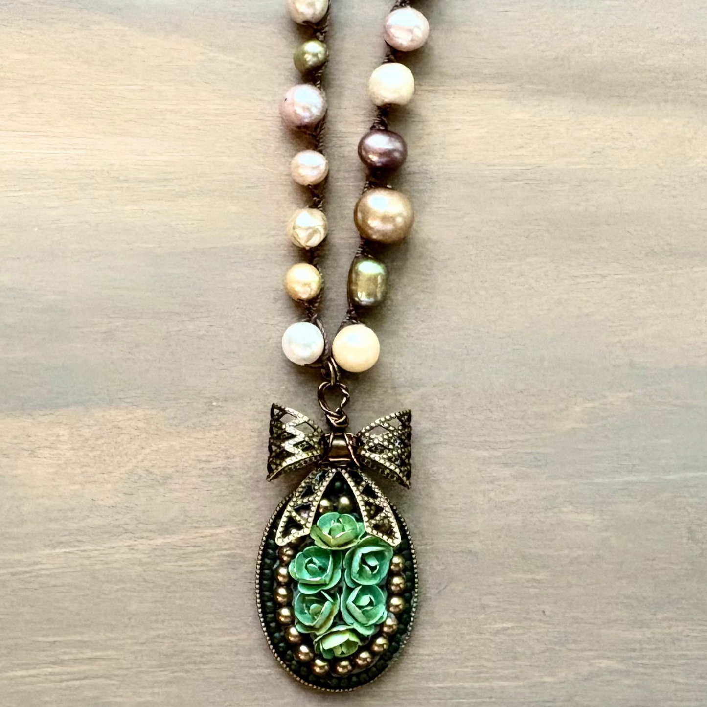 Floral Bouquet Handcrafted Pendant And Freshwater Pearl Necklace