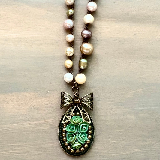 Floral Bouquet Handcrafted Pendant And Freshwater Pearl Necklace