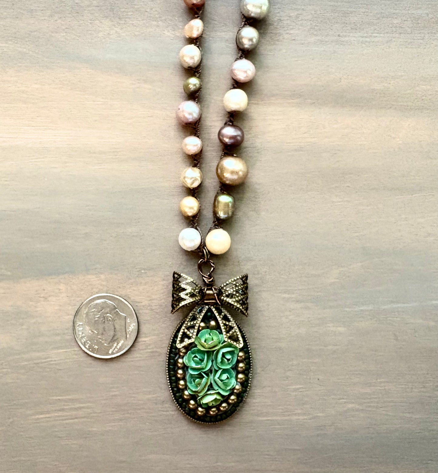 Floral Bouquet Handcrafted Pendant And Freshwater Pearl Necklace