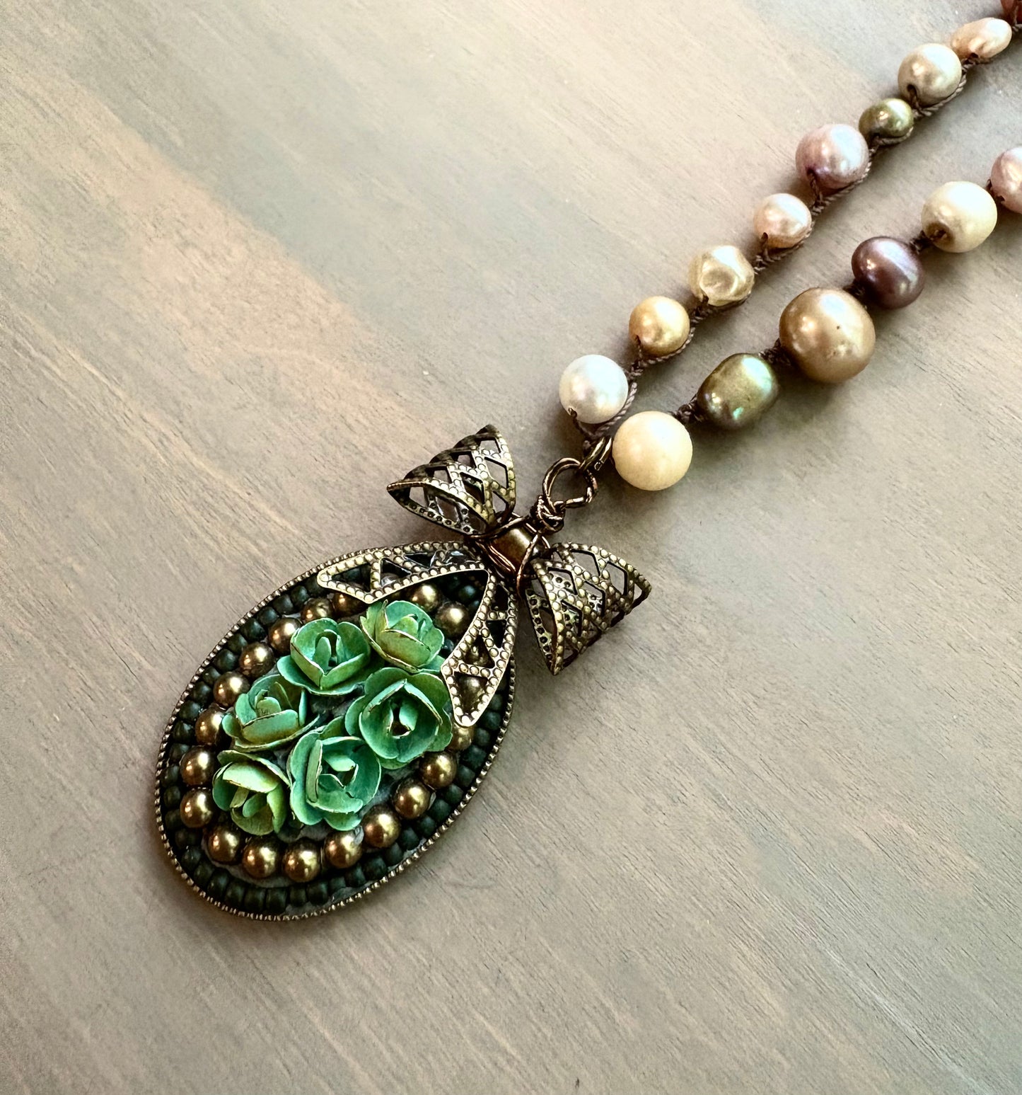 Floral Bouquet Handcrafted Pendant And Freshwater Pearl Necklace