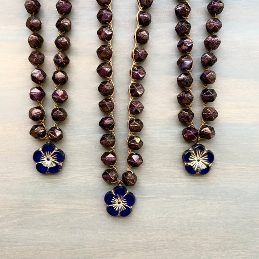 Cobalt Flower Necklace With Crocheted Rich Cranberry Czech Crystal