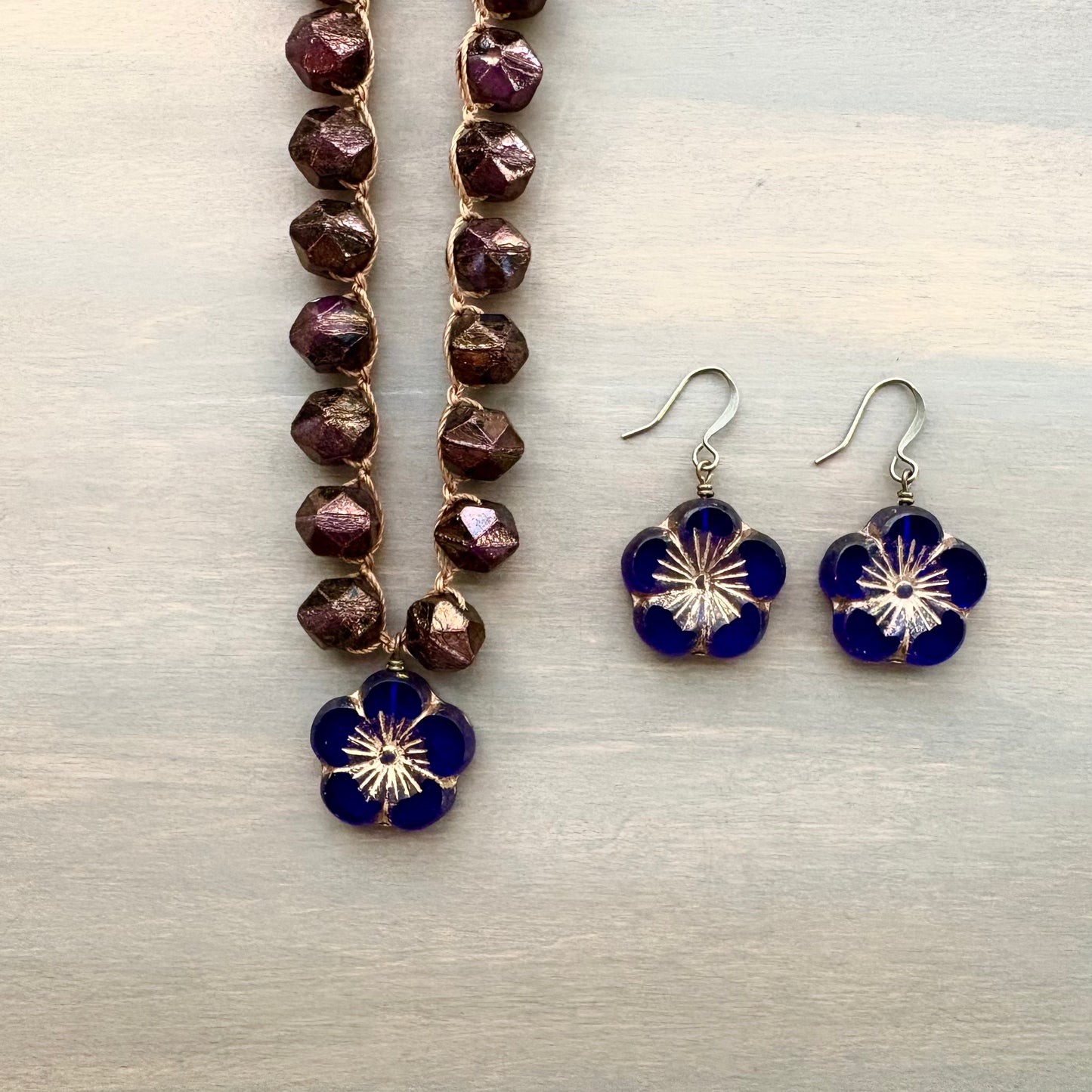 Cobalt Flower Necklace With Crocheted Rich Cranberry Czech Crystal