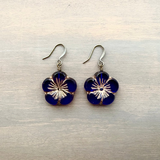 Cobalt Blue Crystal Glass Flower Earrings
