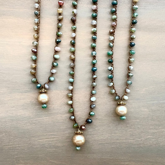 Faceted Jasper Crocheted Necklace with Freshwater Pearl Drop Pendant