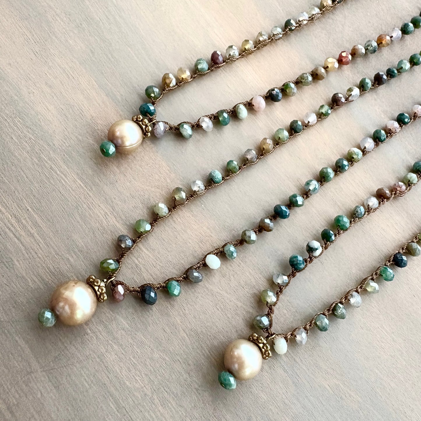 Faceted Jasper Crocheted Necklace with Freshwater Pearl Drop Pendant