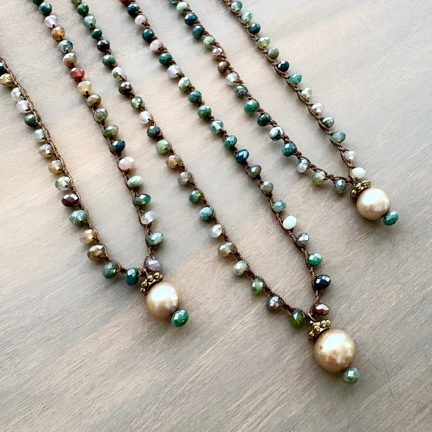 Faceted Jasper Crocheted Necklace with Freshwater Pearl Drop Pendant