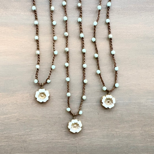 Golden Mint Czech Crystal with Golden Ivory Pressed Glass Flower