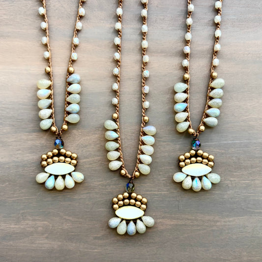 Ivory Frost Crystal Drop Boho Necklace With Crocheted Czech Crystal