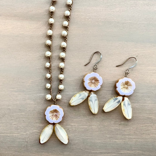 Vintage Flora Necklace and Earring Glass Pearl Set in Lilac