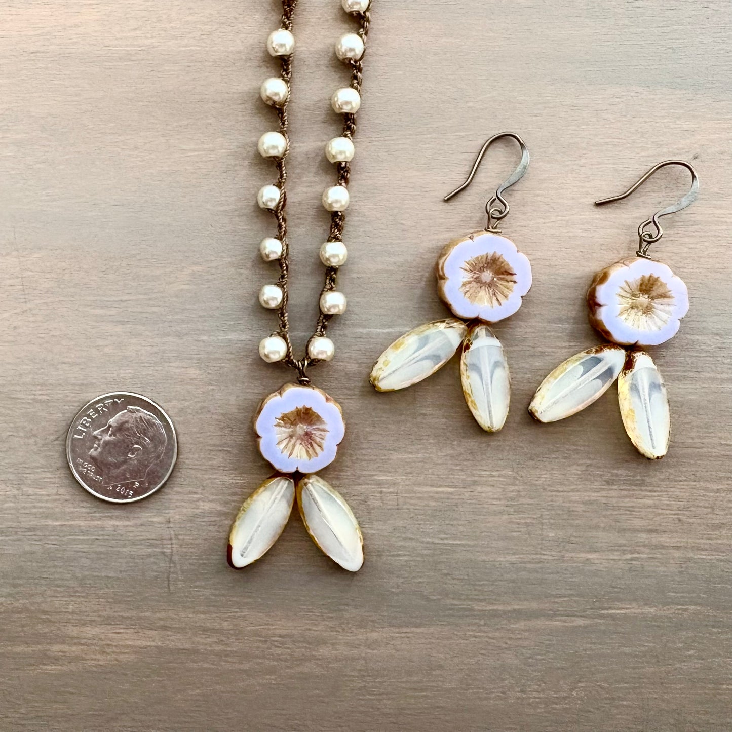 Vintage Flora Necklace and Earring Glass Pearl Set in Lilac