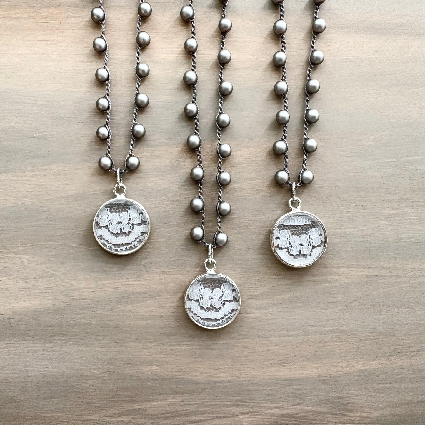 Vintage Lace Pendant Necklace with Matte Grey Glass Pearls