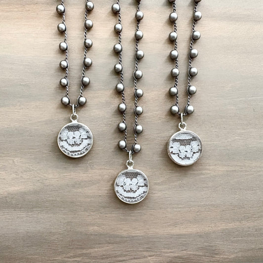 Vintage Lace Pendant Necklace with Matte Grey Glass Pearls