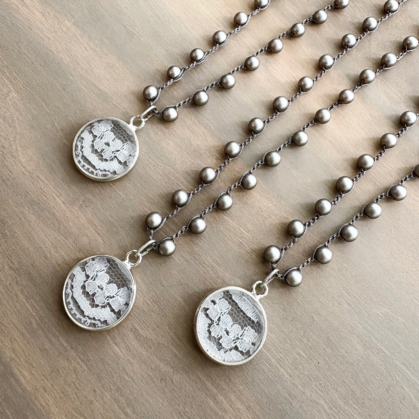 Vintage Lace Pendant Necklace with Matte Grey Glass Pearls