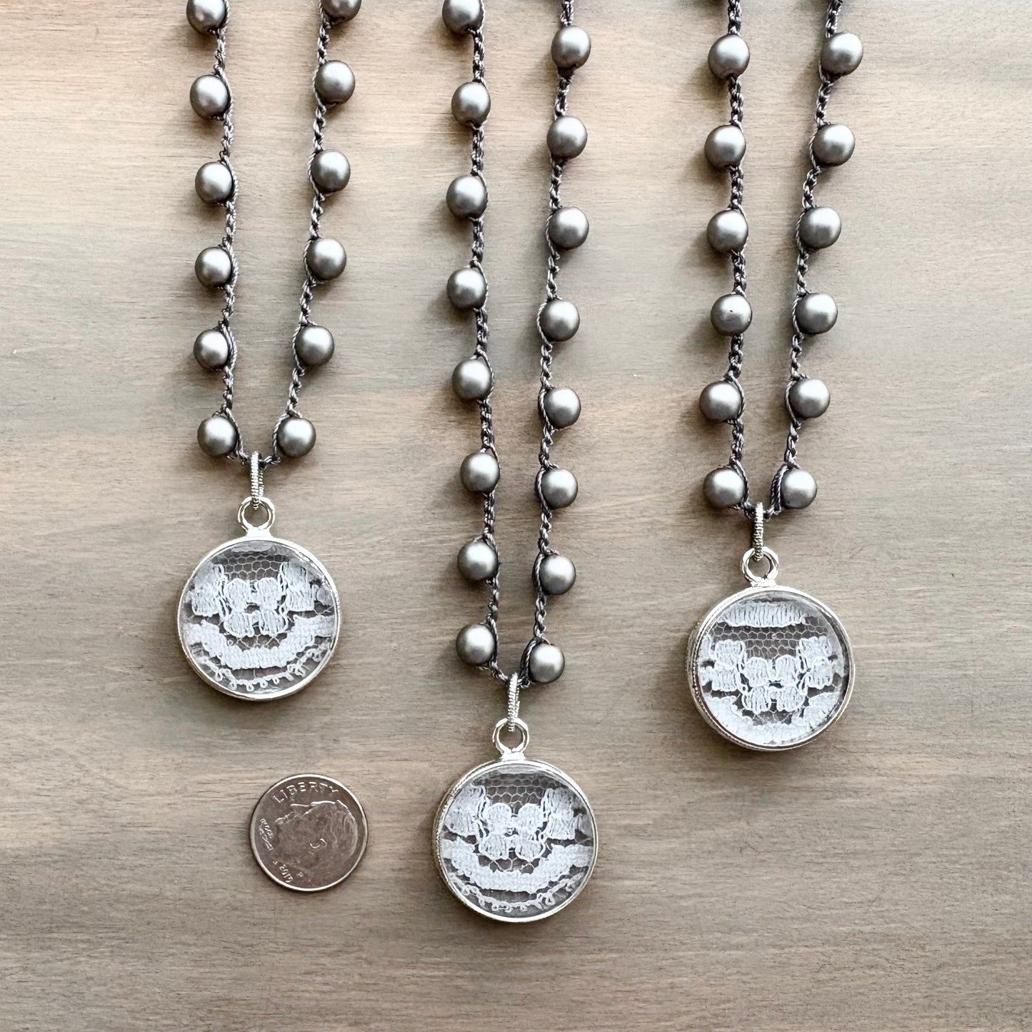 Vintage Lace Pendant Necklace with Matte Grey Glass Pearls