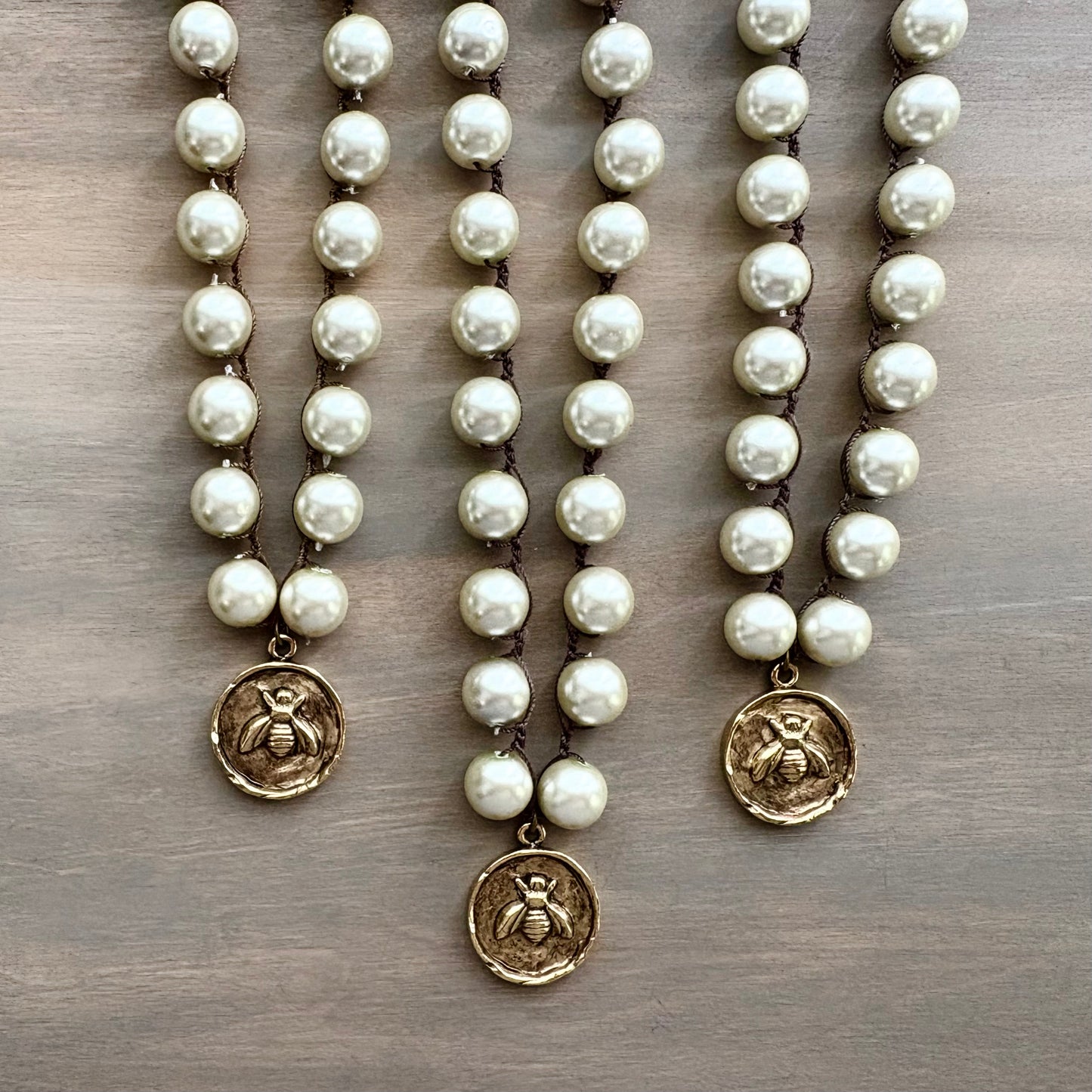 Honey Bee Golden Coin Necklace Crocheted With Glass Pearls