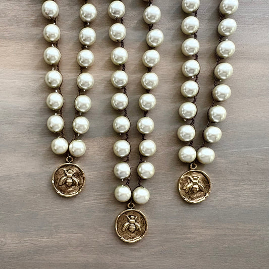 Honey Bee Golden Coin Necklace Crocheted With Glass Pearls