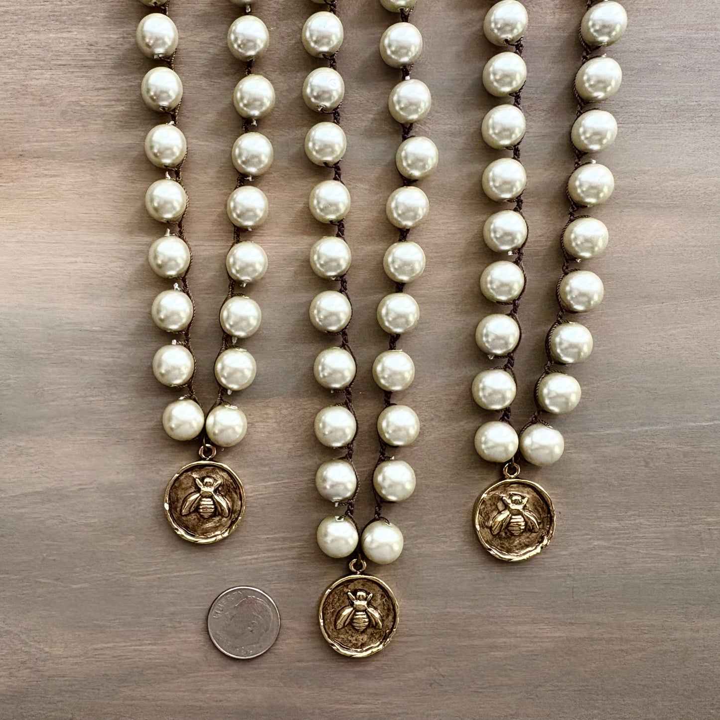 Honey Bee Golden Coin Necklace Crocheted With Glass Pearls