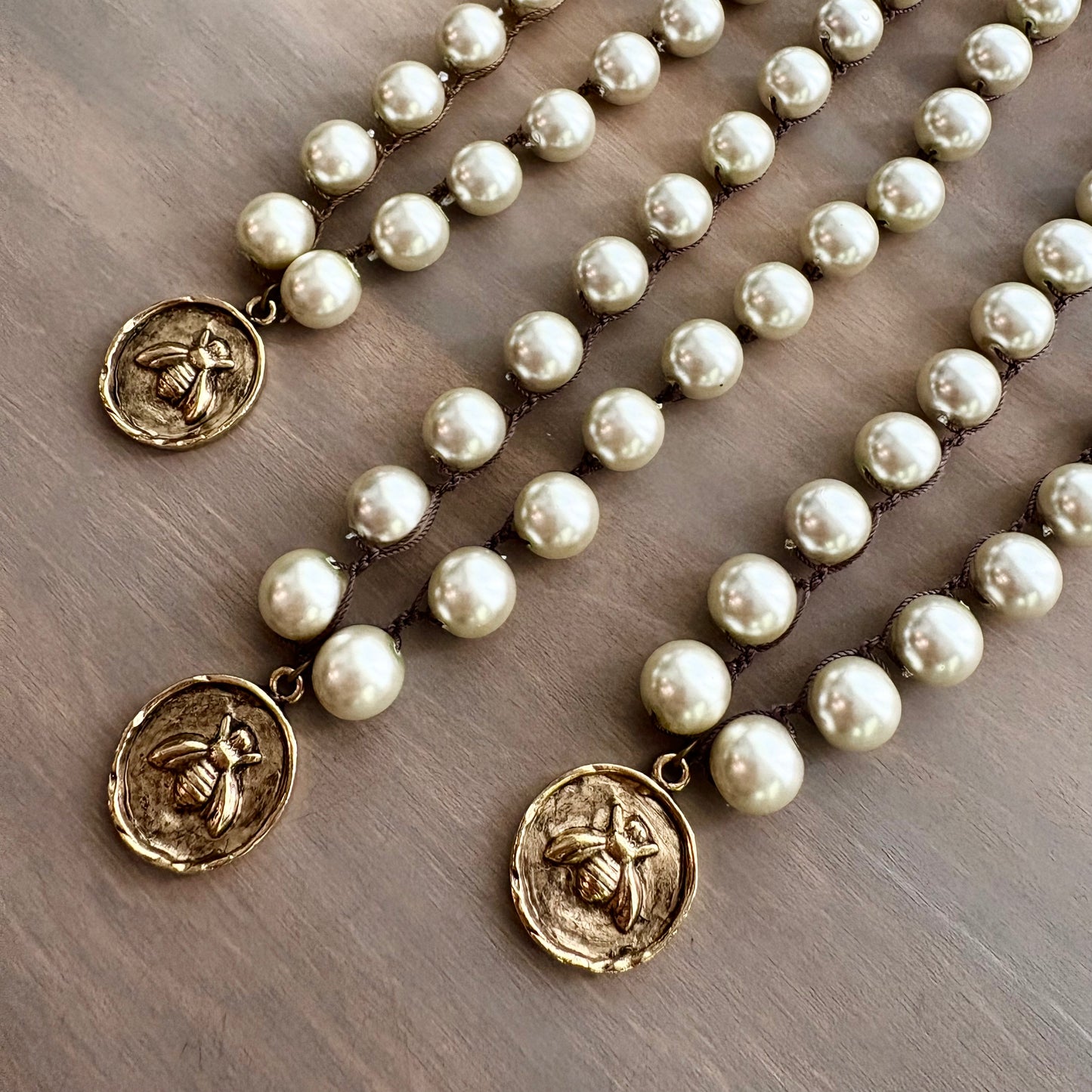 Honey Bee Golden Coin Necklace Crocheted With Glass Pearls