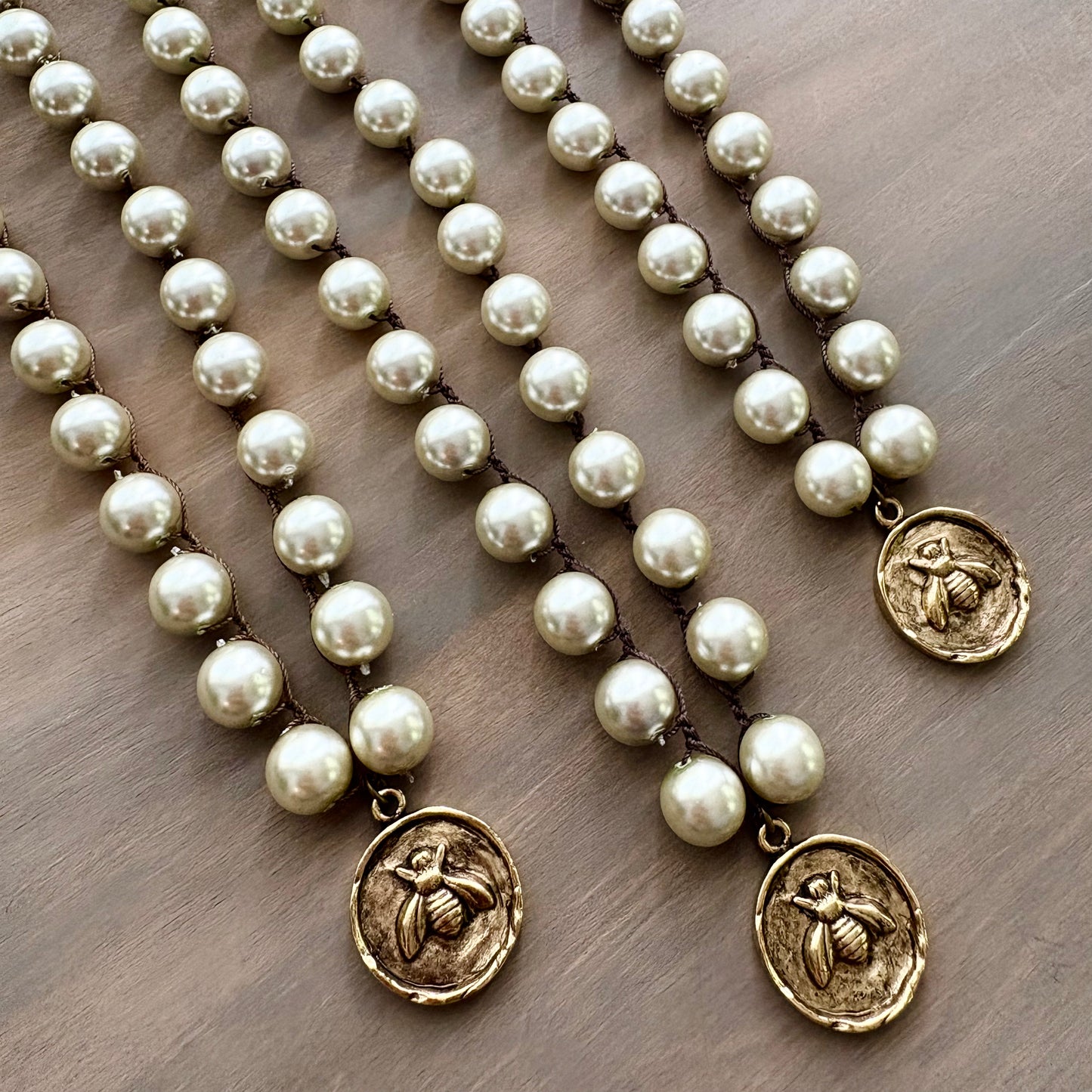 Honey Bee Golden Coin Necklace Crocheted With Glass Pearls