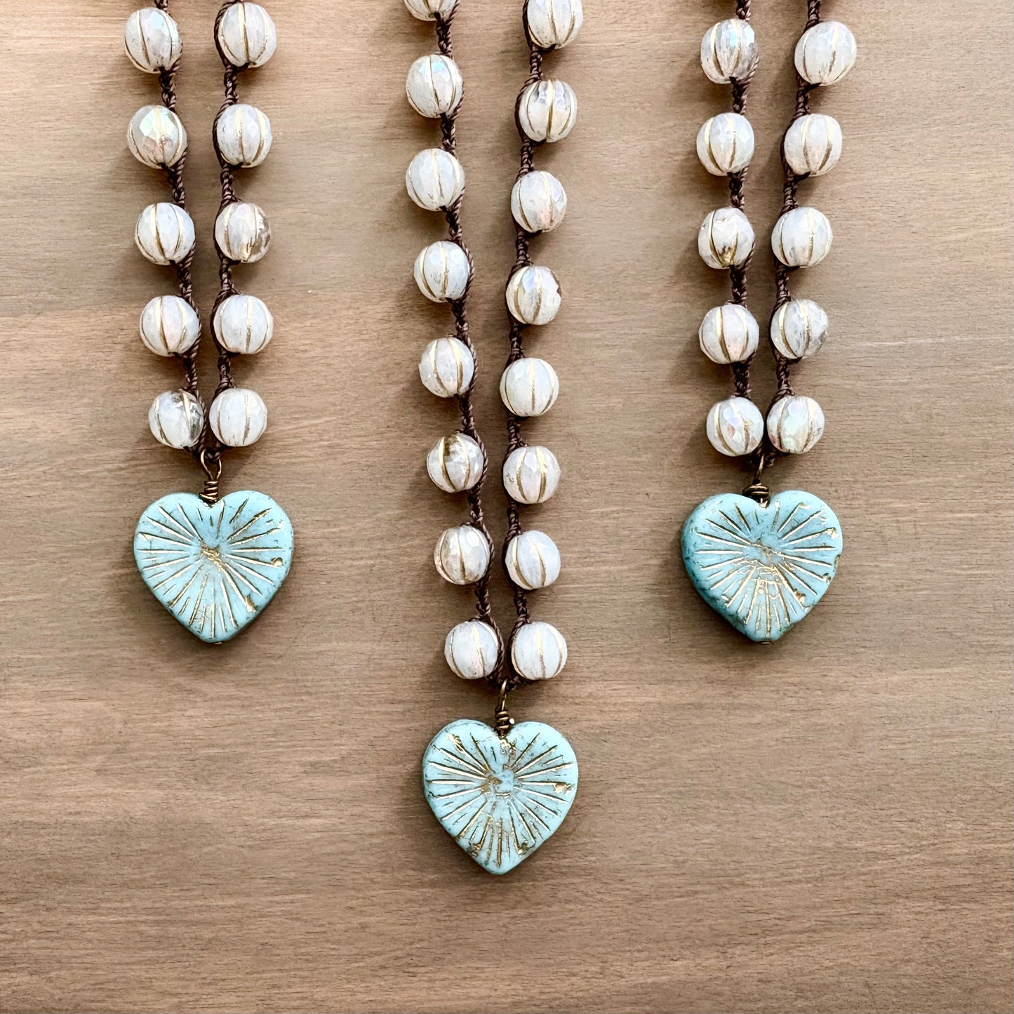 Rustic Glass Starburst Heart Pendant And Crocheted Crystal Necklace