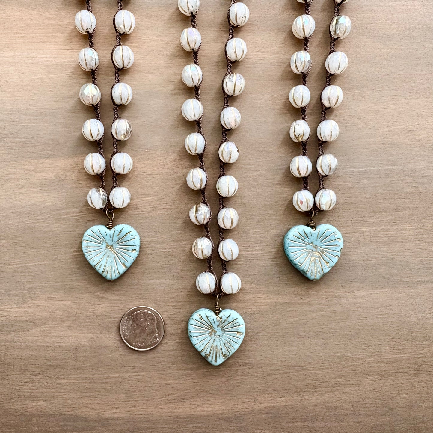 Rustic Glass Starburst Heart Pendant And Crocheted Crystal Necklace