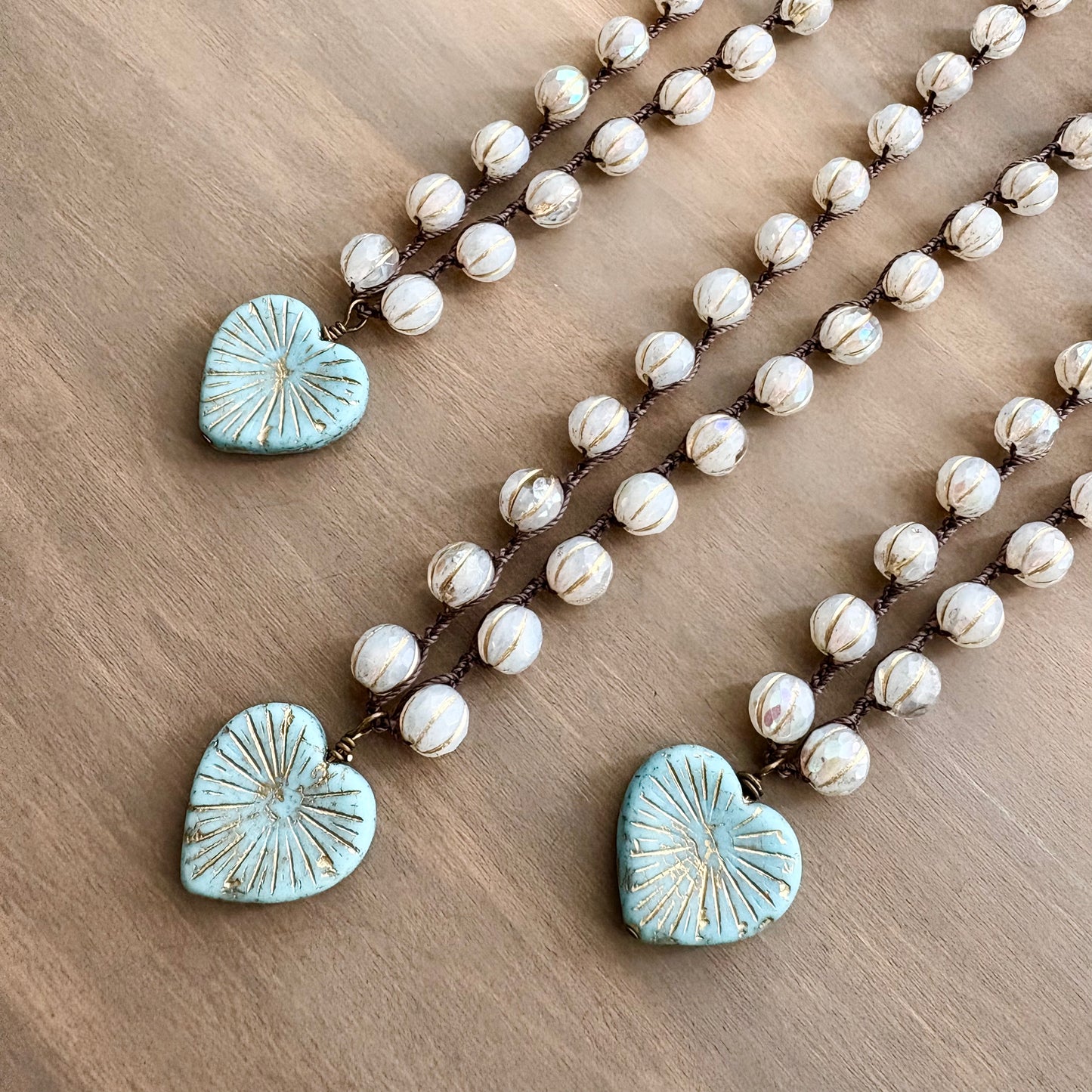 Rustic Glass Starburst Heart Pendant And Crocheted Crystal Necklace