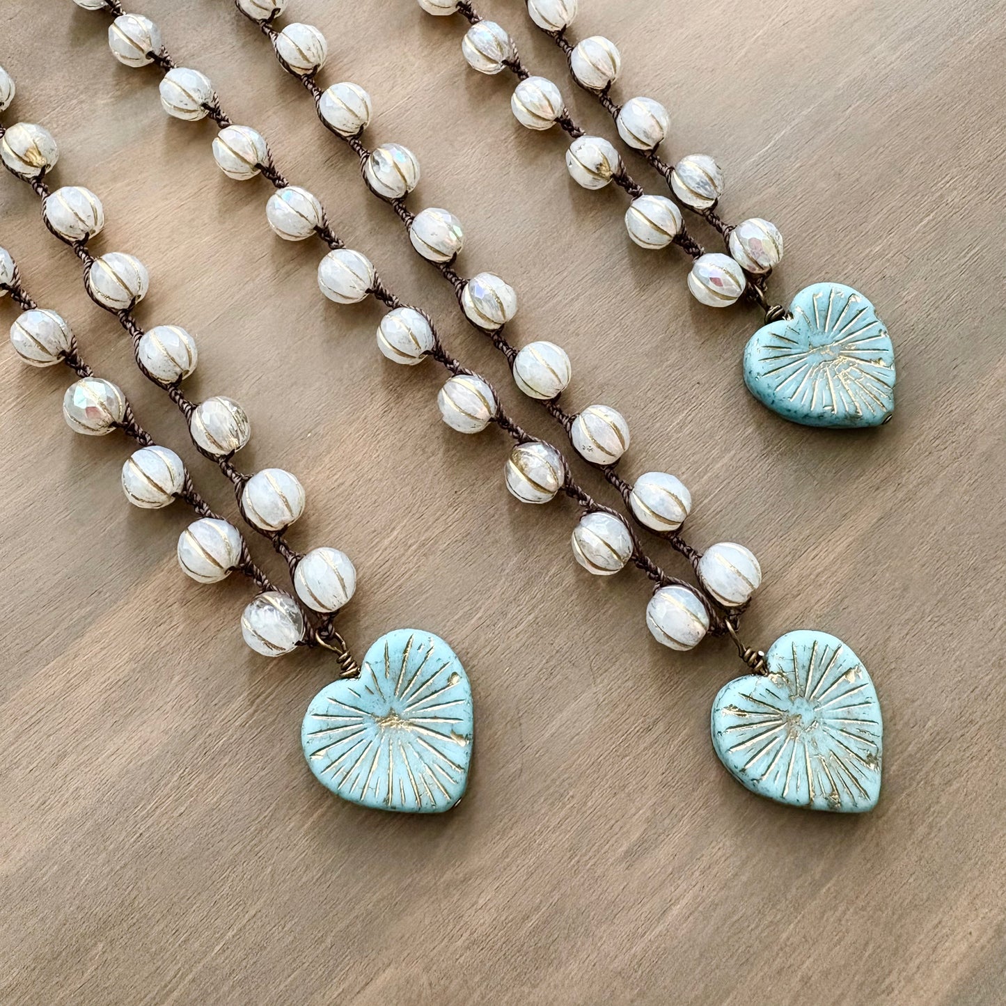 Rustic Glass Starburst Heart Pendant And Crocheted Crystal Necklace