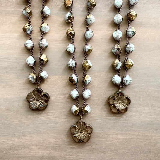 Golden Sky Faceted Crystal Necklace With Smoky Glass Flower