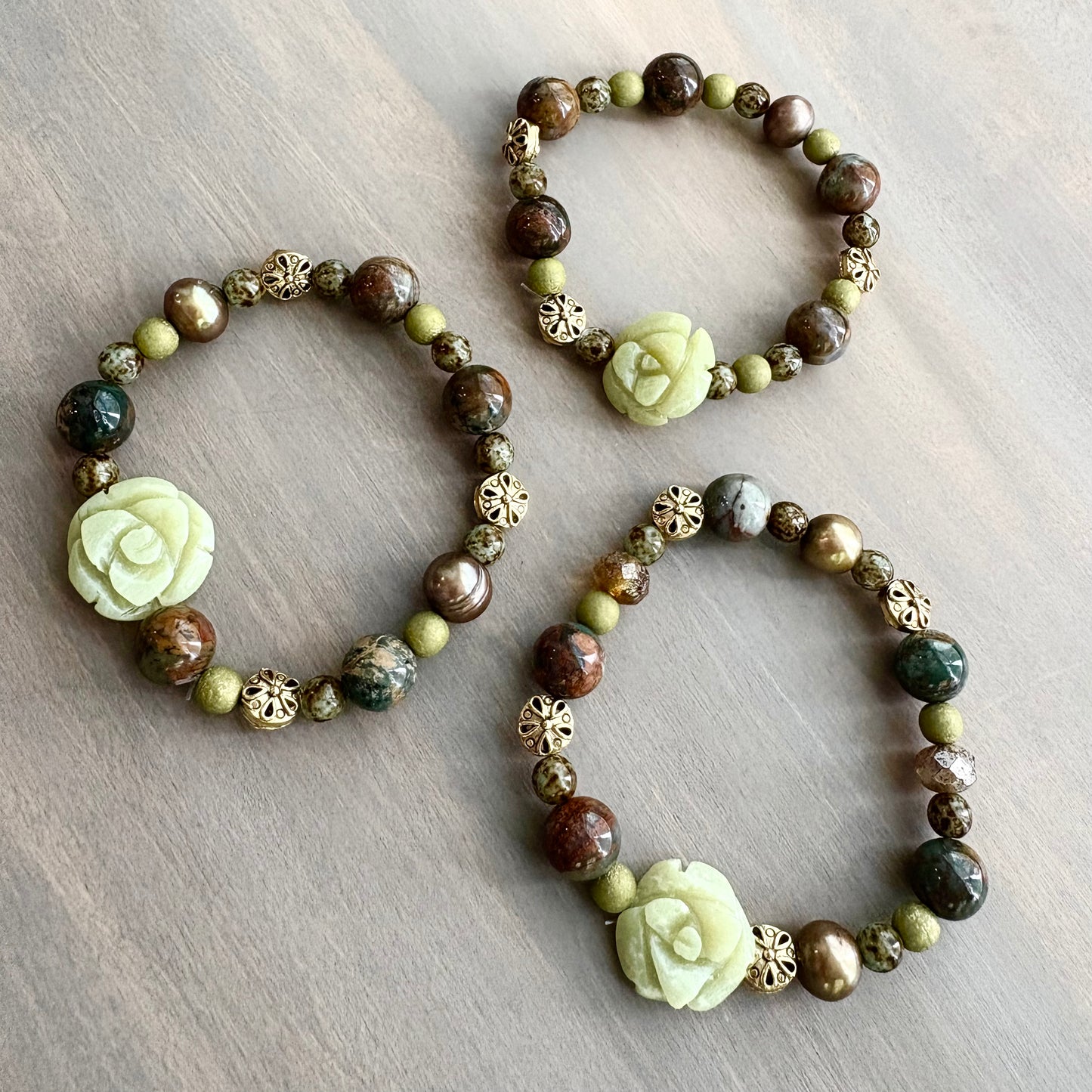 Carved Jade Stone Flower and Freshwater Pearl Stretch Bracelet