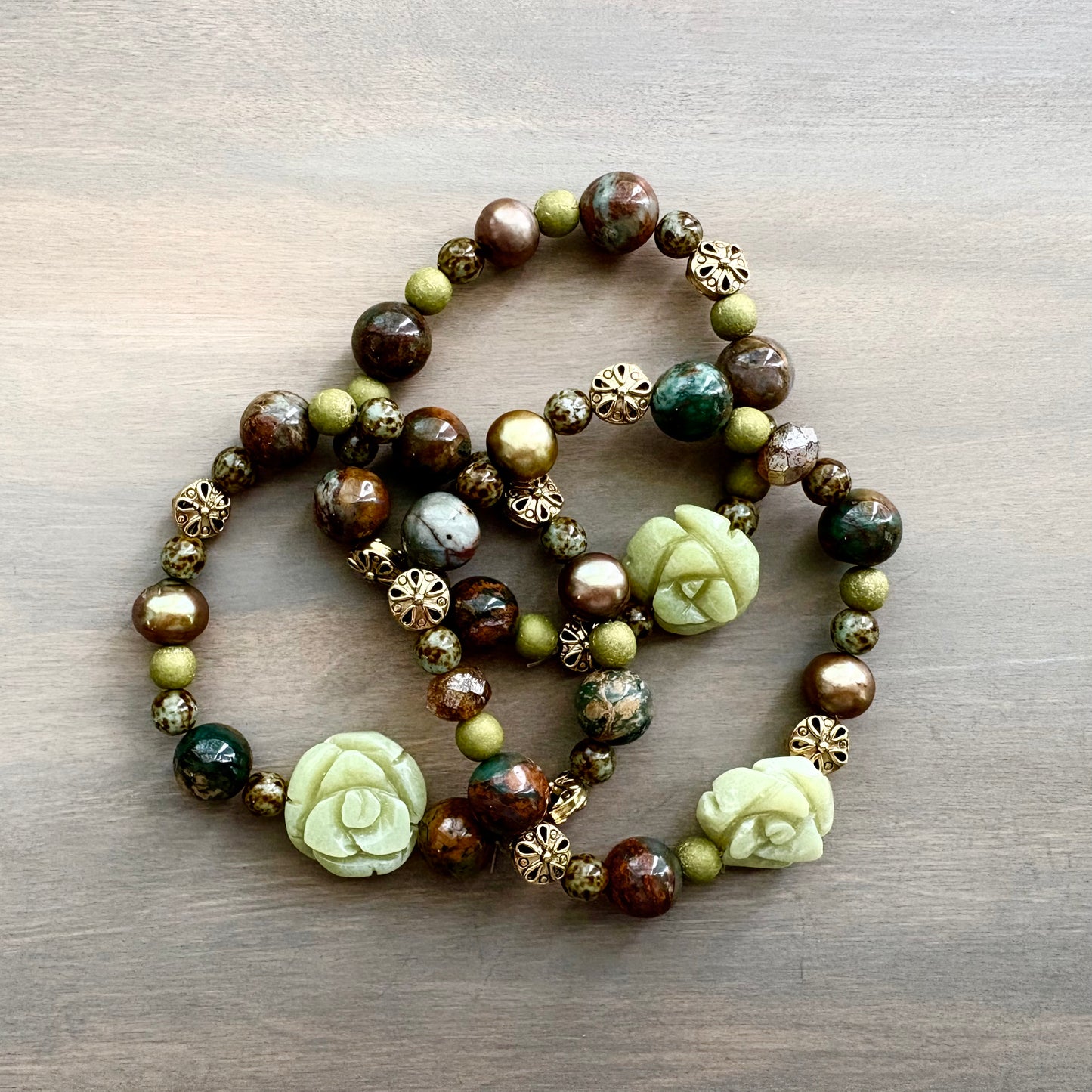 Carved Jade Stone Flower and Freshwater Pearl Stretch Bracelet