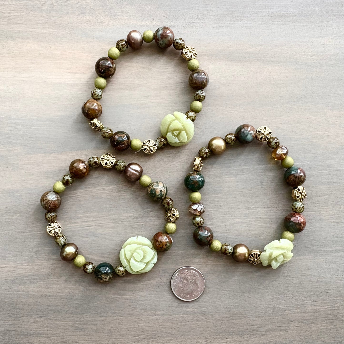 Carved Jade Stone Flower and Freshwater Pearl Stretch Bracelet