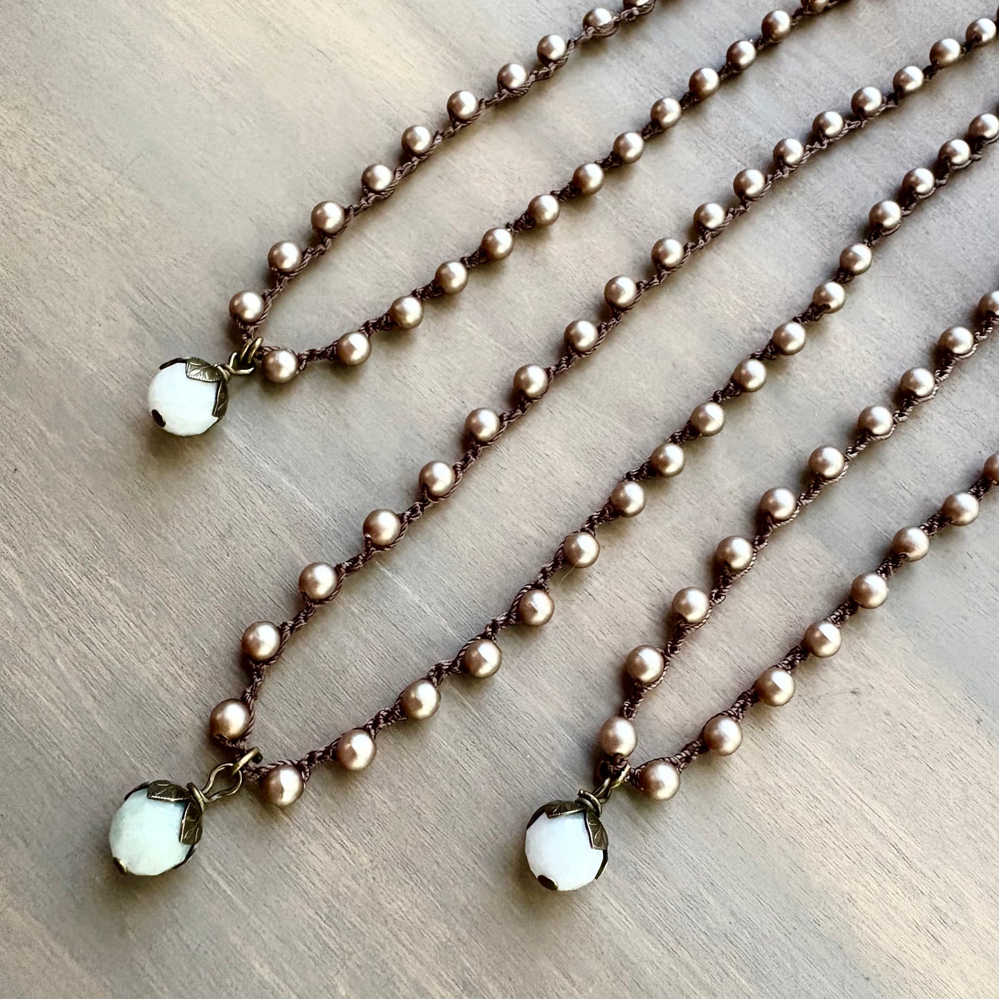 Faceted Aquamarine Drop With Crocheted Glass Pearls