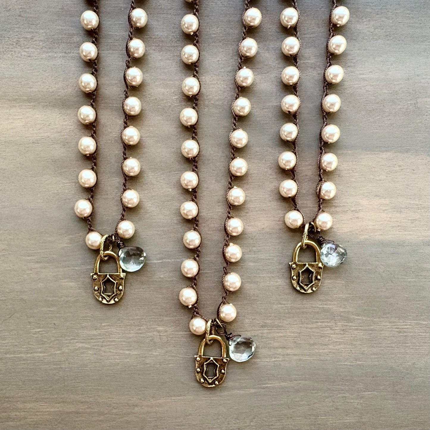 Faceted Green Quartz Drop & Golden Lock Charm Necklace With Glass Pearls