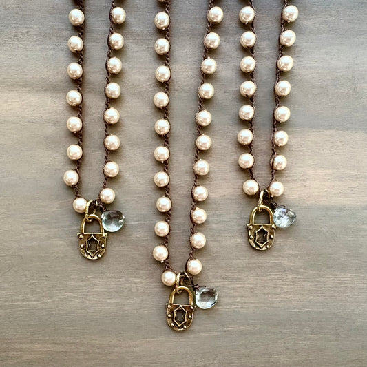 Faceted Green Quartz Drop & Golden Lock Charm Necklace With Glass Pearls